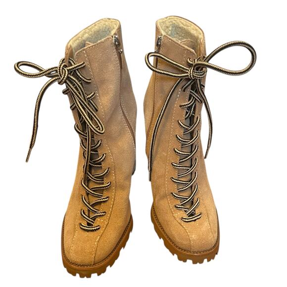 Schutz Naina Suede Boots Tan Sherpa Lined Lace Up Heeled Booties Lug Sole Size 8 - Picture 10 of 12
